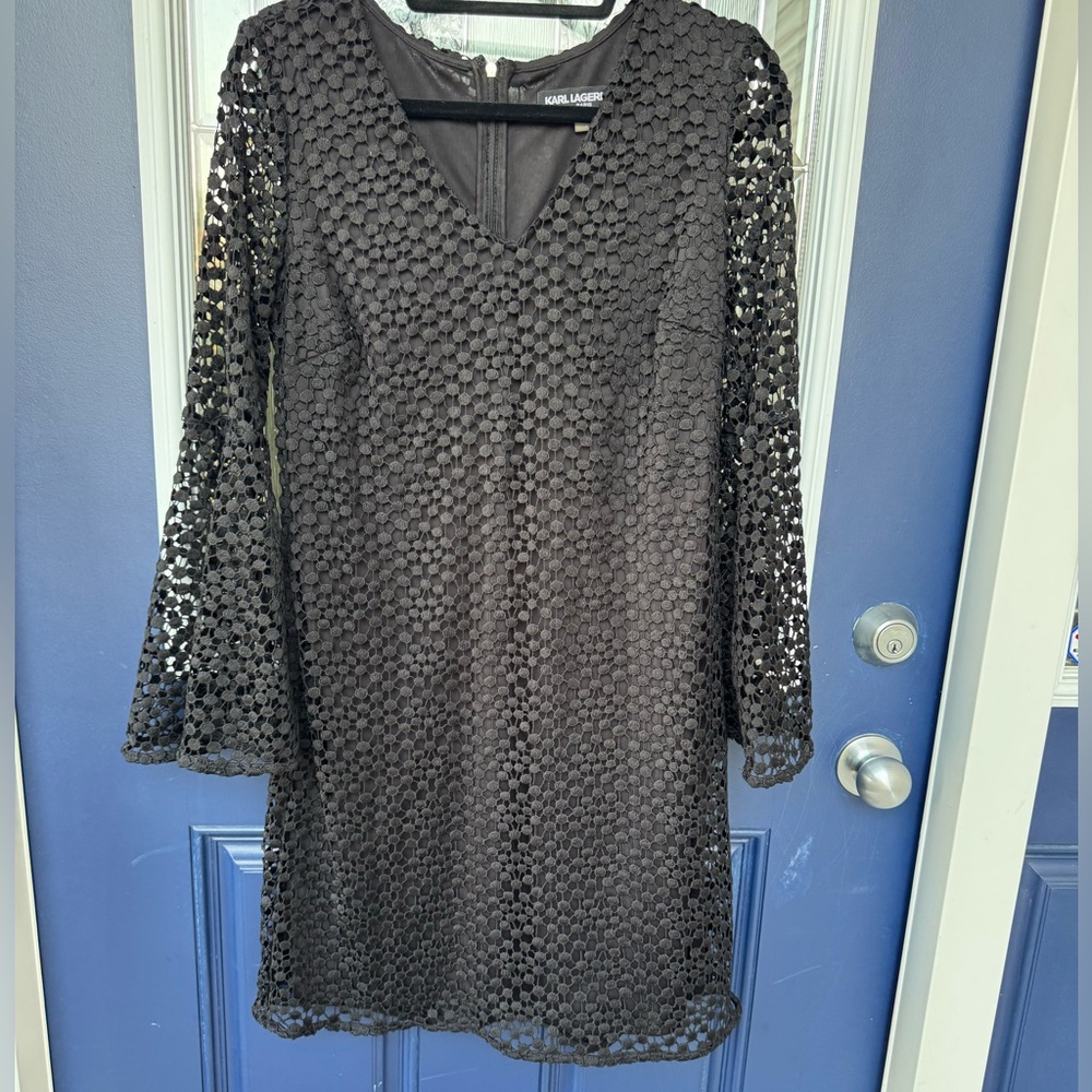 Karl Lagerfeld Black Sheath Dress with Bell Sleeves